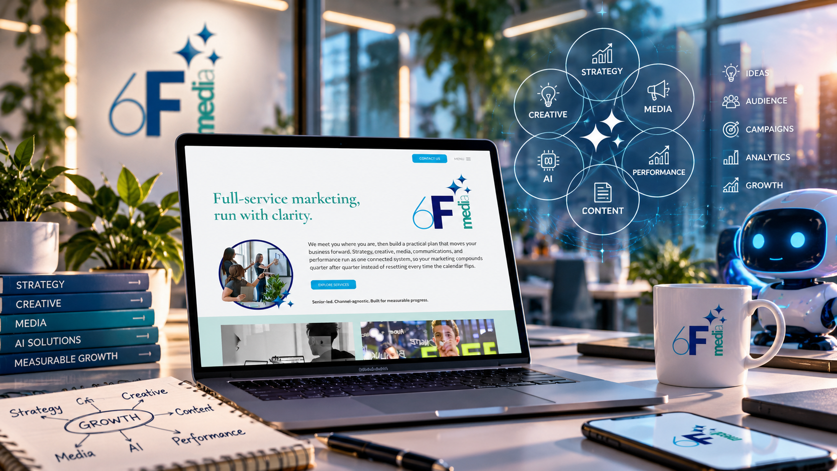Hero image for 6F Media showcasing a modern marketing agency workspace, with a laptop displaying the company website, AI-inspired visual elements, digital strategy concepts and creative marketing tools in a contemporary blue and teal setting.