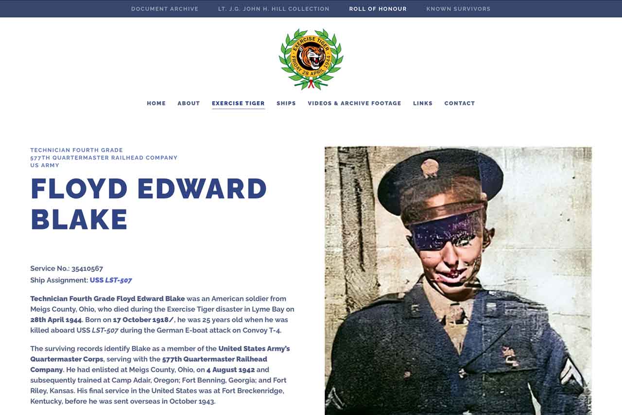 Exercise Tiger website: Example of a casualty profile web page.