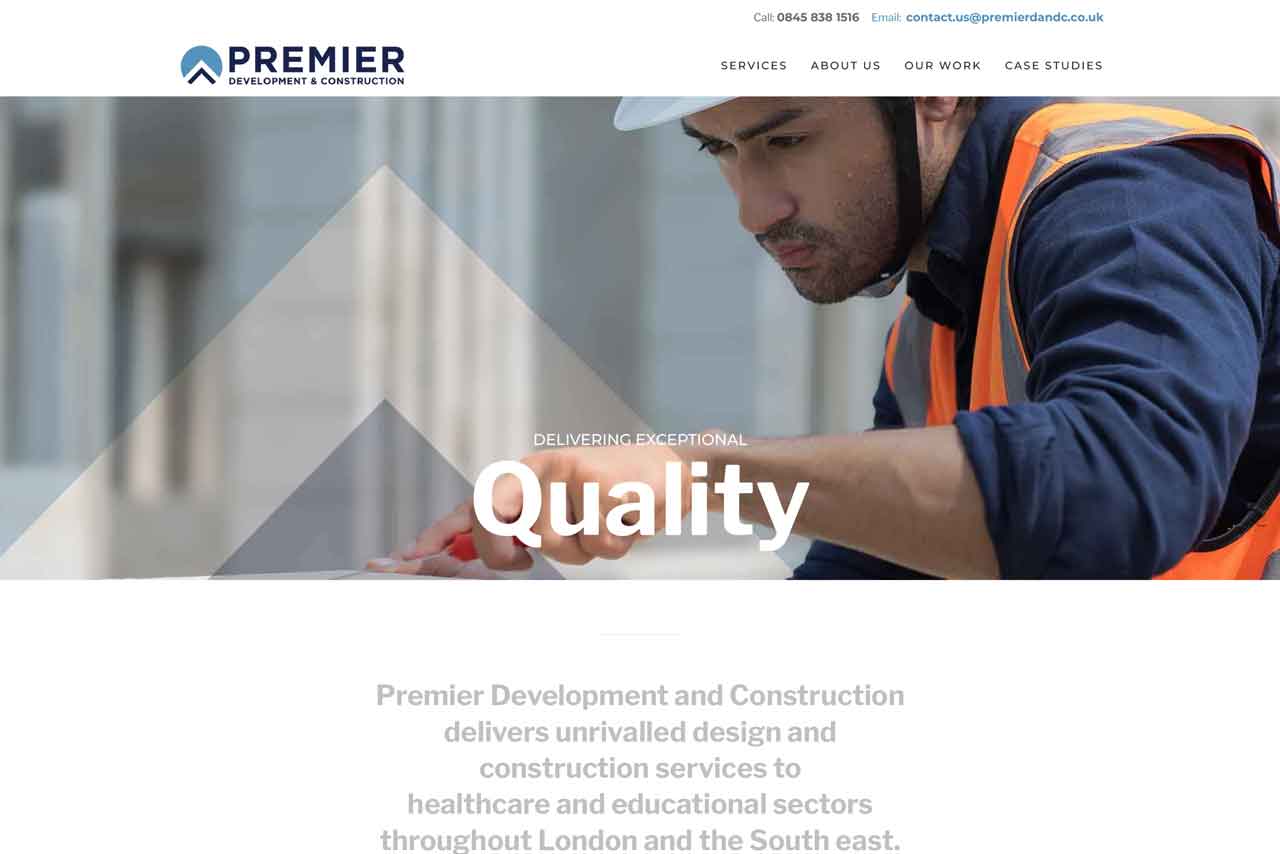 Premier Development & Construction company home page designed by GWL Creative.